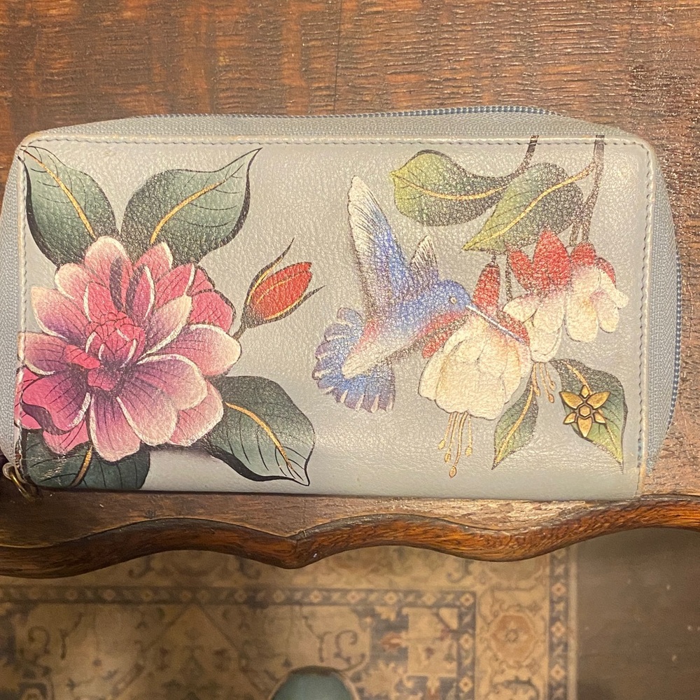 Anuschka Blue Wallet with Floral and Hummingbird Art